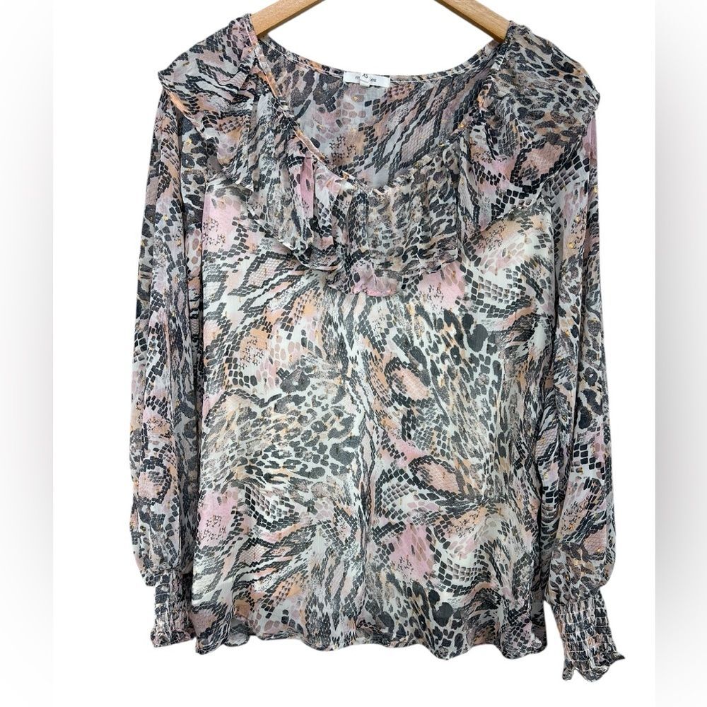 Maurices Metallic Mix Animal Print Ruffle Neck Blouse Womens XS